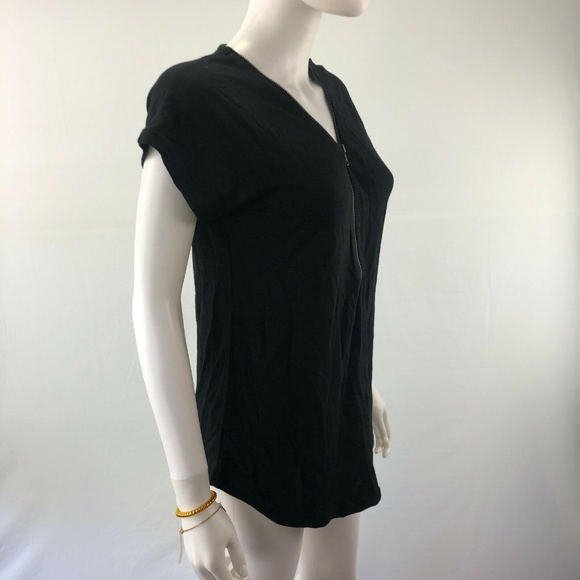 Top Blouse Casual Short Sleeve Black Zipped Up - Picture 3 of 8